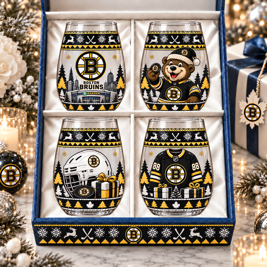 Boston Bruins NHL Premium Stemless Glass Set 4 Personalized Gift For Fan Hockey Men Women - Limited Edition