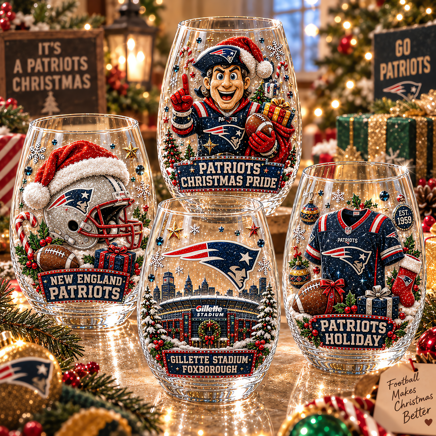 New England Patriots NFL Set 4 Christmas Stemless Glass Gift For Fan Love