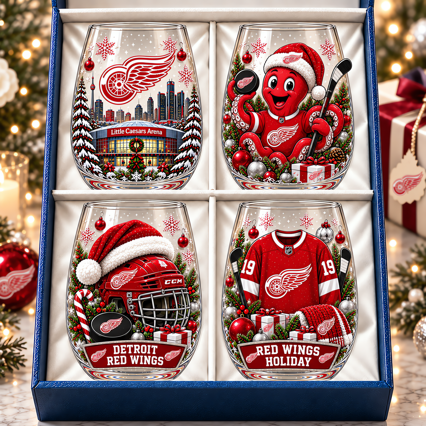 Detroit Red Wings NHL Premium Stemless Glass Set 4 Personalized Gift For Fan Hockey Men Women - Limited Edition