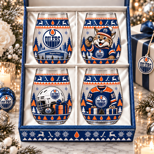 Edmonton Oilers NHL Premium Stemless Glass Set 4 Personalized Gift For Fan Hockey Men Women - Limited Edition
