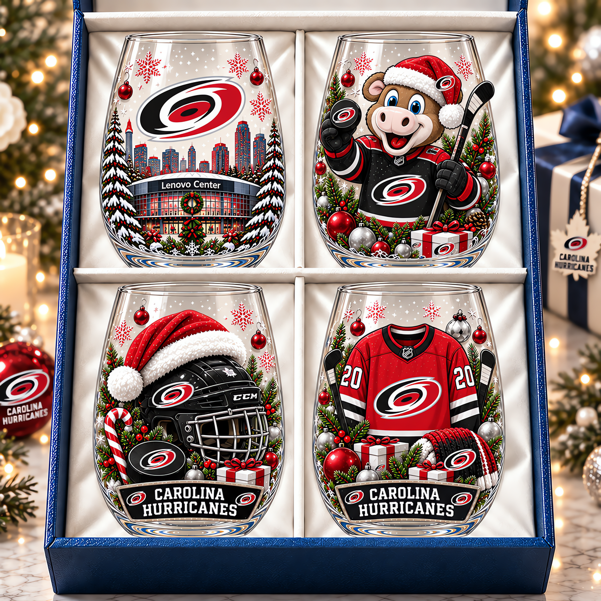 Carolina Hurricanes NHL Premium Stemless Glass Set 4 Personalized Gift For Fan Hockey Men Women - Limited Edition
