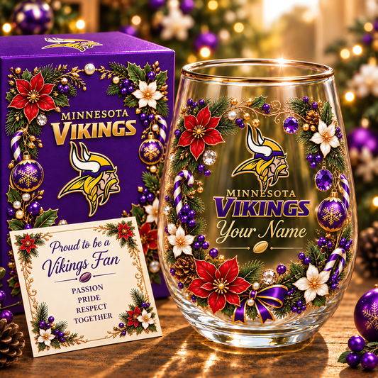 Minnesota Vikings NFL Christmas Flowers Stemless Glass Custom Any Name Gift For Fan