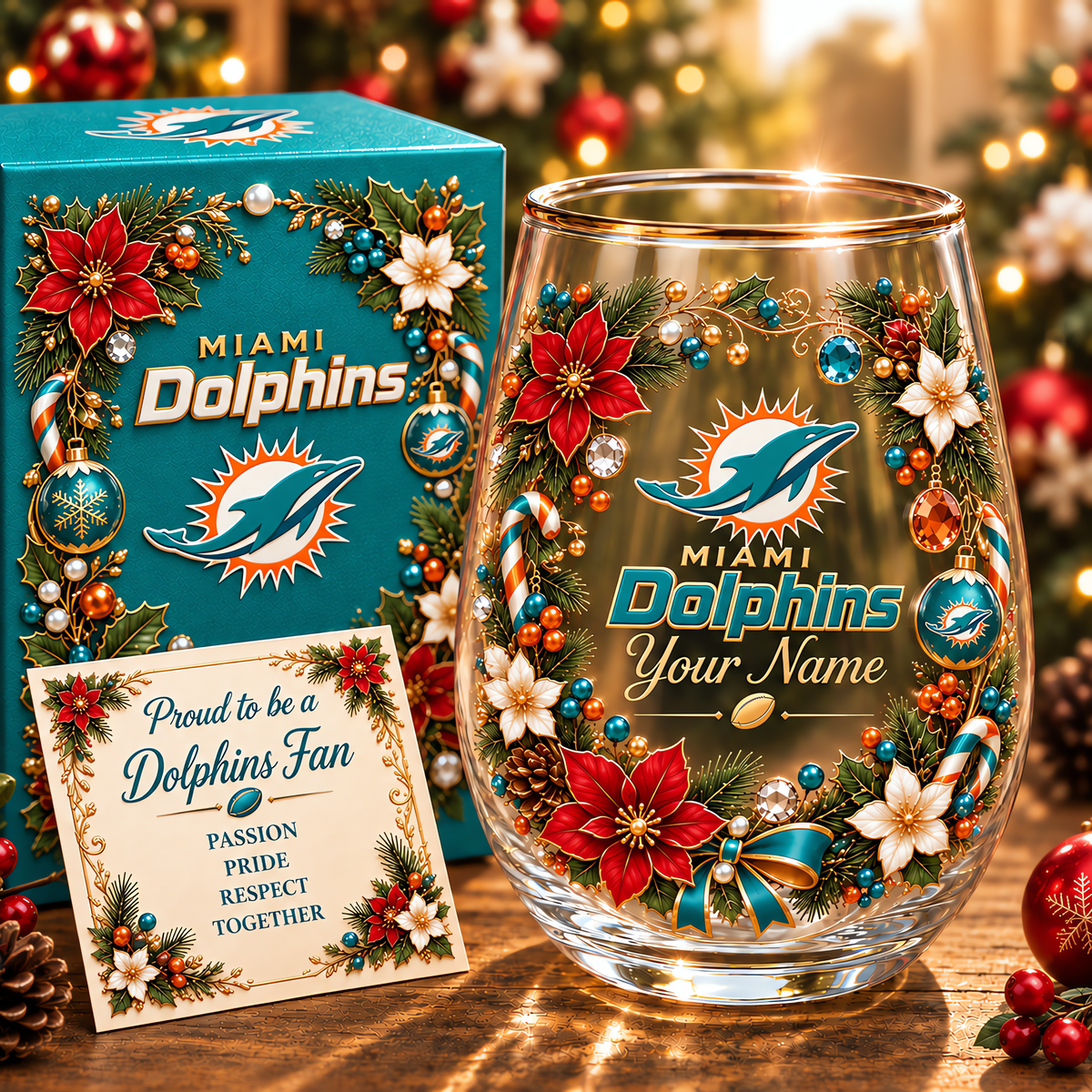 Miami Dolphins NFL Christmas Flowers Stemless Glass Custom Any Name Gift For Fan