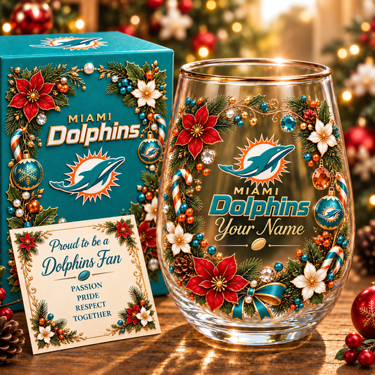 Miami Dolphins NFL Christmas Flowers Stemless Glass Custom Any Name Gift For Fan