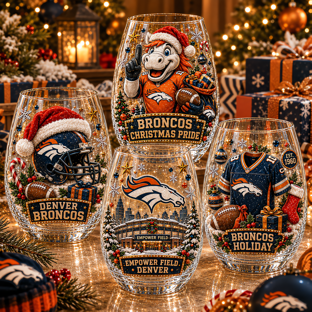 Denver Broncos NFL Set 4 Christmas Stemless Glass Gift For Fan Love