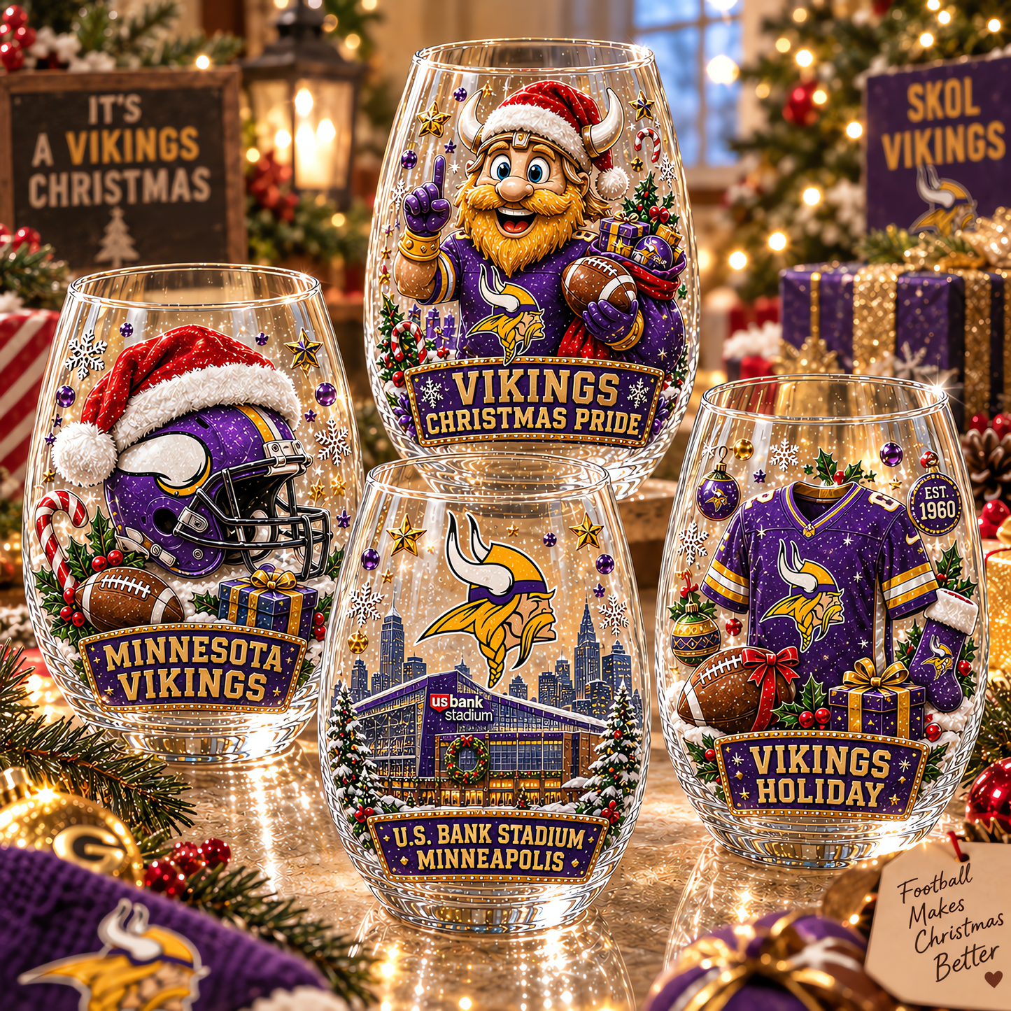 Minnesota Vikings NFL Set 4 Christmas Stemless Glass Gift For Fan Love